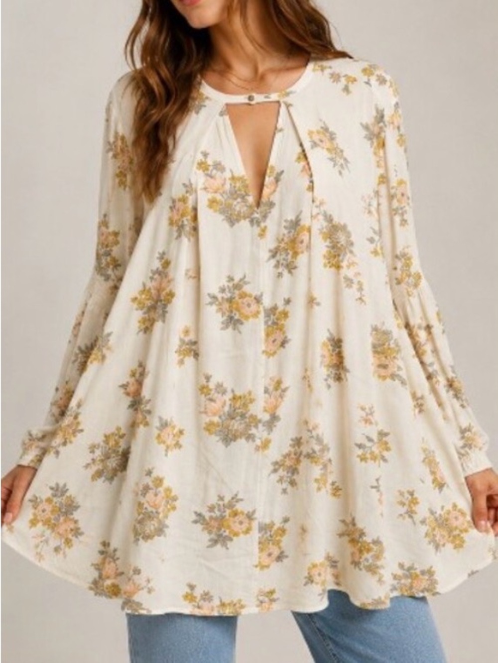 Free People Tree Swing Cream Floral Print Choker Neck Keyhole Cutout Tunic Dress